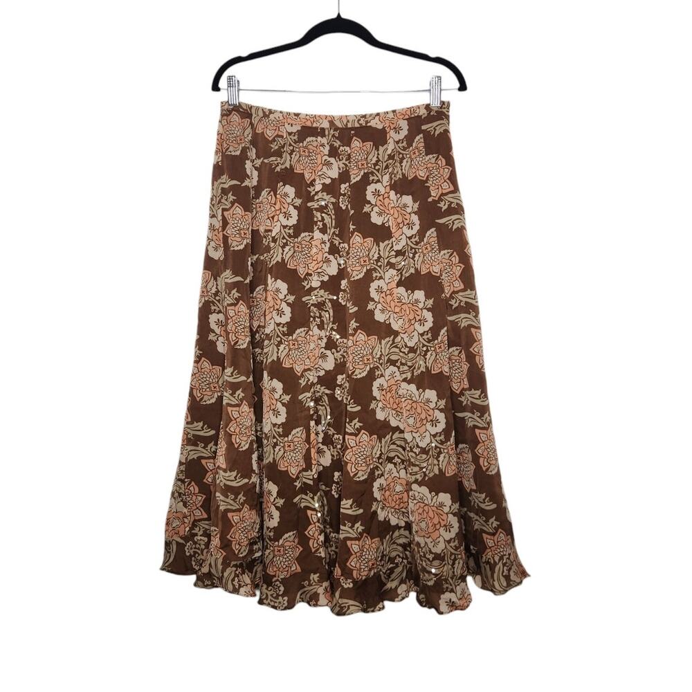 Vintage Silk Maxi Midi Skirt Sequence Marshall Fields 8 Boho Fairy Western Brown
